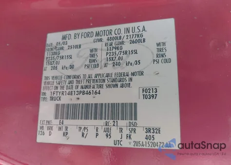 2003 Ford Ranger Edge from USA, damaged, VIN 1FTYR14E13PB46164